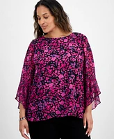 Kasper Plus Bell-Sleeve Ditsy-Print Top
