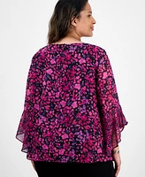 Kasper Plus Bell-Sleeve Ditsy-Print Top