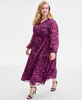 Kasper Plus Printed Blouson-Sleeve Midi Dress