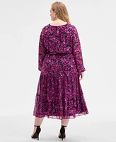 Kasper Plus Printed Blouson-Sleeve Midi Dress