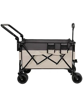 Folding Wagon Cart - Rotating Handle, All-Terrain Wheels, Khaki-Gray