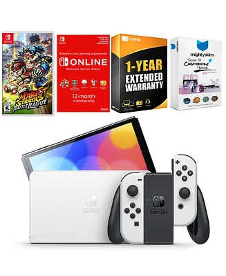 Nintendo Switch White Oled Console with Mario Strikers Battle League, Nso 12 Month Family Membership, MightySkins Console and Controller Skin Voucher