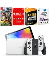 Nintendo Switch White Oled Console with Mario Strikers Battle League, Nso 12 Month Family Membership, MightySkins Console and Controller Skin Voucher