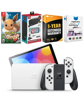 Nintendo Switch White Oled Console with Pokemon: Let's Go, Eevee!, Surge Accessory Gaming Kit, MightySkins Console and Controller Skin Voucher