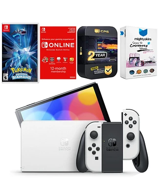 Nintendo Switch White Oled Console with Pokemon Brilliant Diamond, Nso 12 Month Family Membership, MightySkins Console and Controller Skin Voucher, an