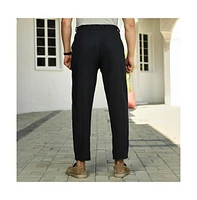 Campus Sutra Men's Midnight Black Linen-Blend Tapered Trousers