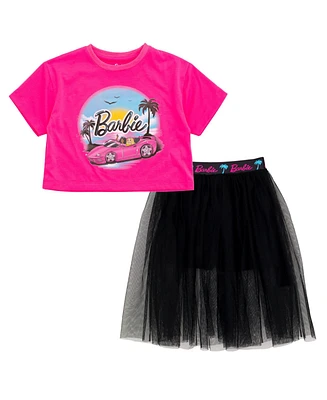 Barbie Toddler Girls Cropped Boxy Drop Shoulder T-Shirt and Mesh Tulle Skort
