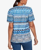 Ruby Rd. Petite Motif Stripe Embroidered Puff Print T-Shirt