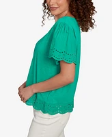 Ruby Rd. Petite Embroidered Sleeve Solid T-Shirt