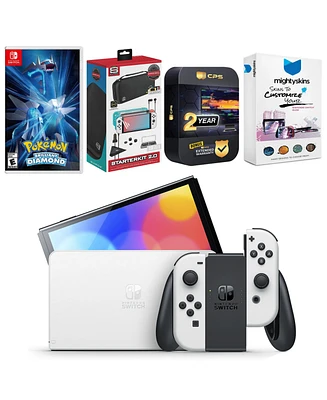 Nintendo Switch White Oled Console with Pokemon Brilliant Diamond, Surge Accessory Gaming Kit, MightySkins Console and Controller Skin Voucher, and 2