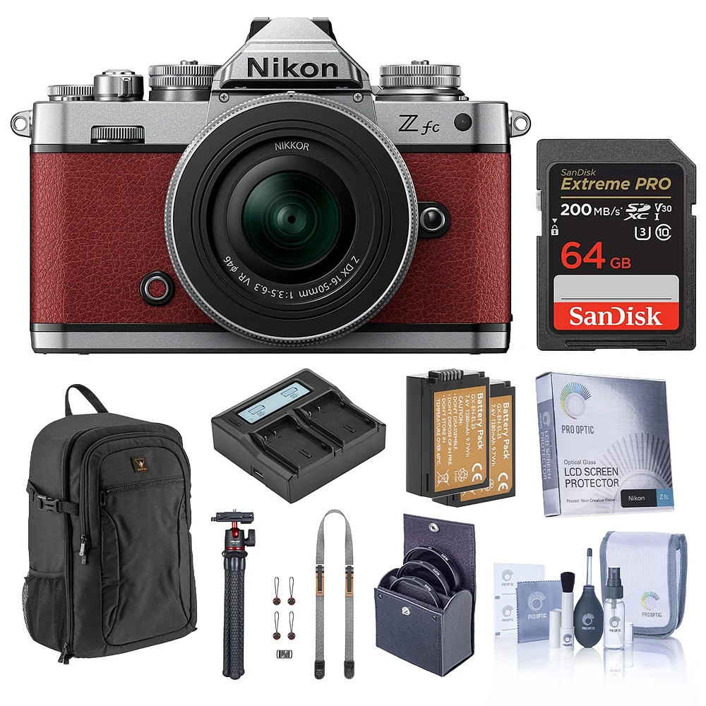 Nikon Z fc Dx-Format Mirrorless Camera, Crimson Red, with 16-50mm f/3.5-6.3 Vr Lens, Bundle with 64GB Memory Card, Backpack, 2x Extra Battery, Tripod