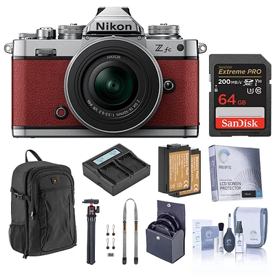 Nikon Z fc Dx-Format Mirrorless Camera, Crimson Red, with 16-50mm f/3.5-6.3 Vr Lens, Bundle with 64GB Memory Card, Backpack, 2x Extra Battery, Tripod