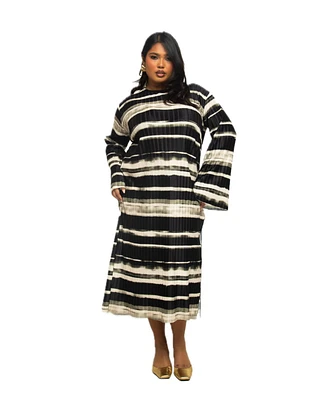 Fashion-szn Curve Plus Long Sleeve Striped Plisse Midi Dress