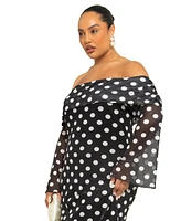 Fashion-szn Curve Plus Mesh Polka Dot Long Sleeve Midi Dress