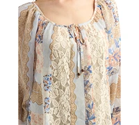 Bcx Juniors' Printed Lace-Inset Scoop-Neck Top