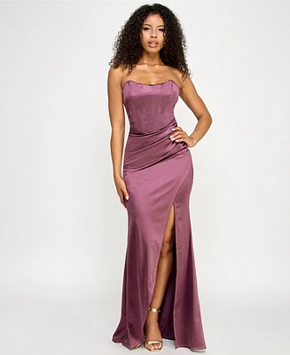 Emerald Sundae Juniors' Iris Sateen Corset-Bodice Slit Gown