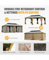 Outdoor Living 14x20FT Hardtop Gazebo, Permanent Metal Gazebo with Galvanized Steel Double Roof and Aluminum Frame, Curtain and Netting, Large Pavilio