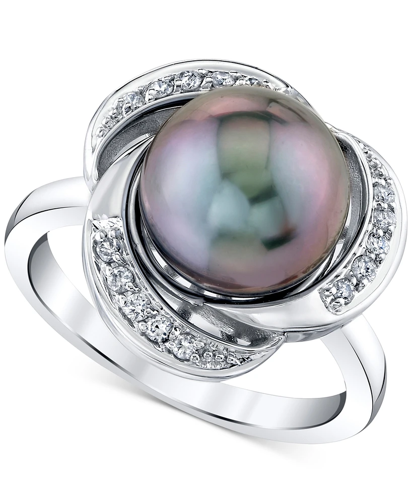 Cultured Tahitian Pearl (10mm) & Diamond (1/8 ct.tw) Statement Ring In 10k White Gold