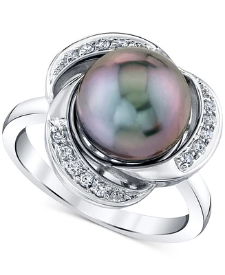 Cultured Tahitian Pearl (10mm) & Diamond (1/8 ct.tw) Statement Ring In 10k White Gold