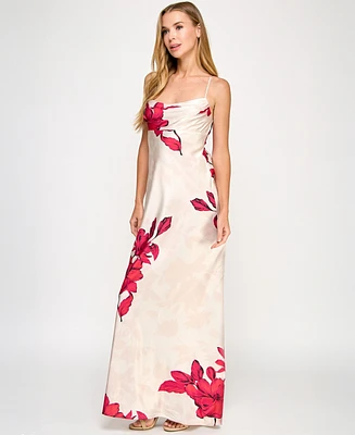 Seni & Cade Juniors' Floral-Print Satin Spaghetti-Strap Gown