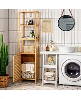 4 Tiers Slim Bamboo Floor Storage Cabinet with Shutter Door and Anti-Toppling Device