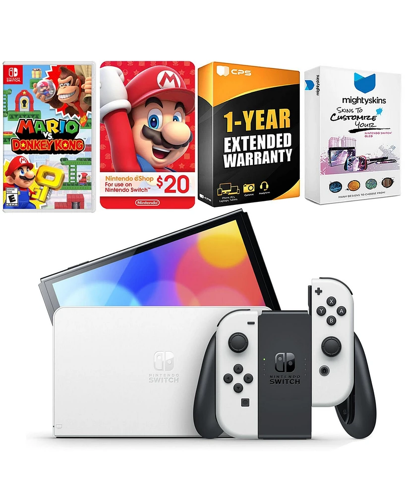 Nintendo Switch White Oled Console with Mario vs. Donkey Kong, Nintendo $20 eShop Gift Card, MightySkins Console and Controller Skin Voucher