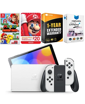 Nintendo Switch White Oled Console with Mario vs. Donkey Kong, Nintendo $20 eShop Gift Card, MightySkins Console and Controller Skin Voucher