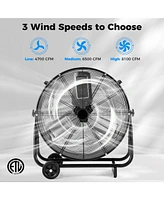 Industrial Drum Fan with 2 Wheels and 360-Degree Adjustable Tilt
