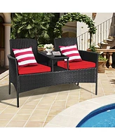 Gymax Rattan Wicker Patio Conversation Set w/ Table Red Cushion