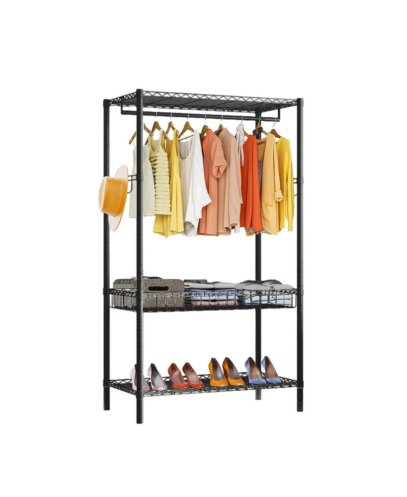 Bedroom Clothes Rack,Freestanding Garment Rack with Shelves,Rod,Side Hooks,Max Load 120KG,Adjustable Metal Clothing Racks for Hanging Clothes,Coats Cl