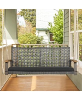 Gymax Rattan Patio Porch Swing 2-Person Cushioned Chair Bench w/ Hanging Ropes