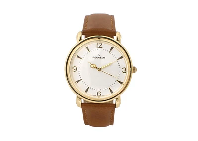 Peugeot Men 38mm Gold Retro Design Calf Skin Leather Strap watch