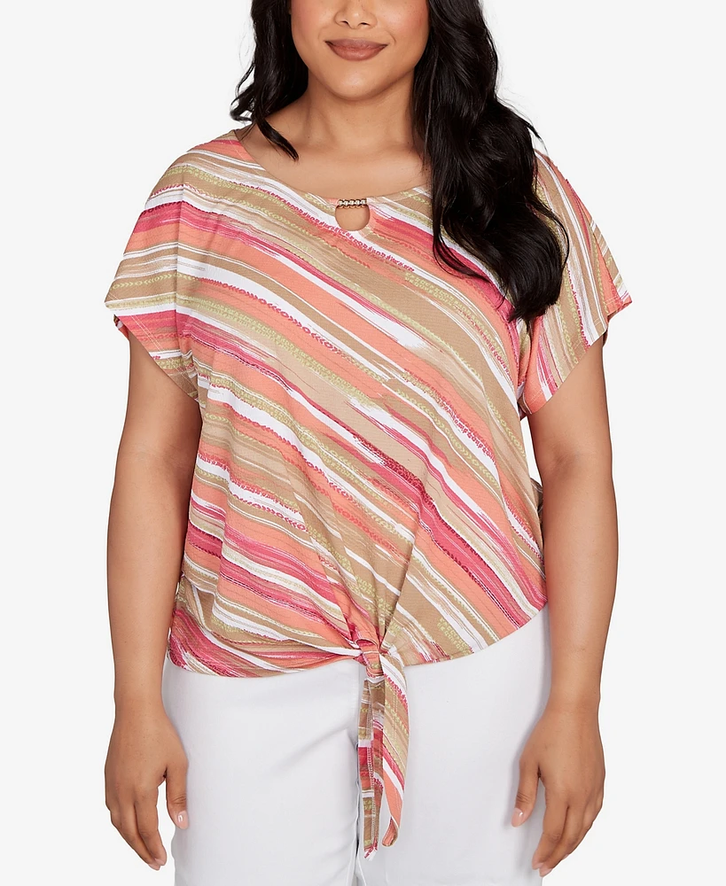 Hearts Of Palm Plus Printed Crinkle Tie Front Top
