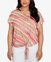 Hearts Of Palm Plus Printed Crinkle Tie Front Top