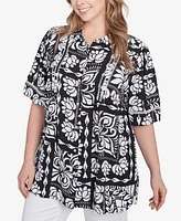 Ruby Rd. Plus Lotus Patchwork Button Front Camp Shirt