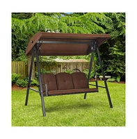 Outdoor 3-Seat Porch Swing with Adjust Canopy and Cushions