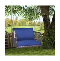1-Person Rattan Hanging Porch Swing Seat with Cushions and Ropes