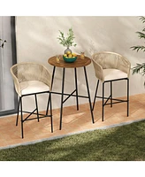 3-Piece Patio Bar Set with Rope Woven Stools and Solid Acacia Tabletop