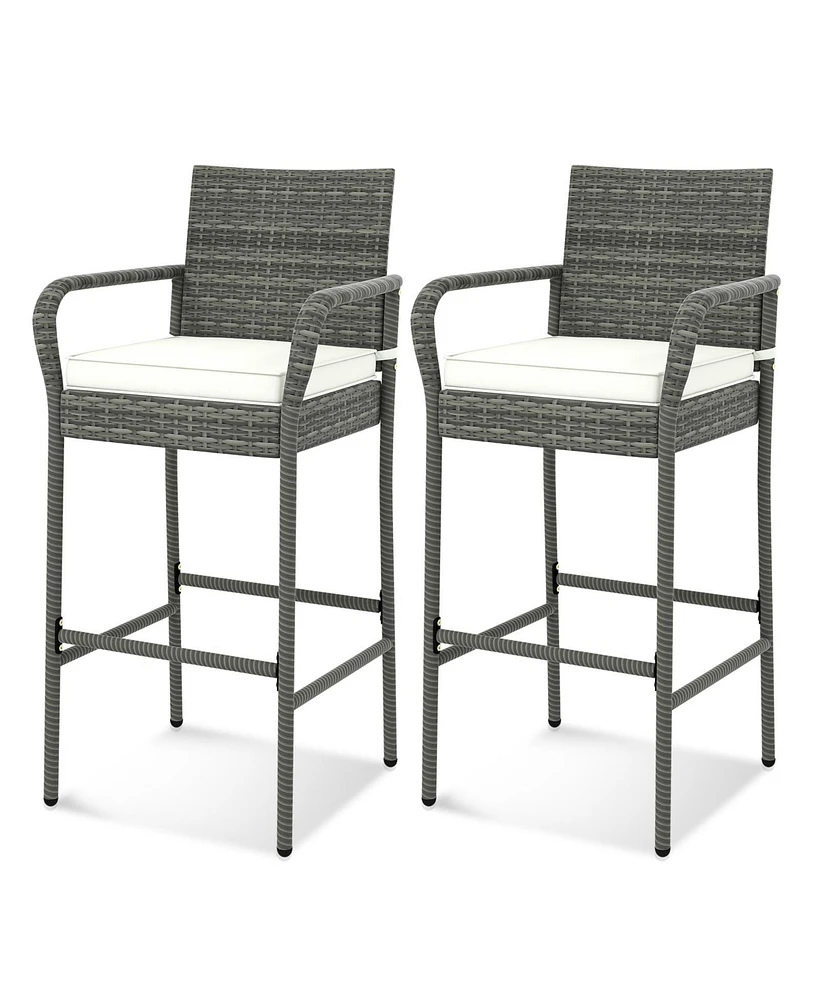 Set of 2 Patio Barstools – Wicker Outdoor Chairs with Cushions & Armrests