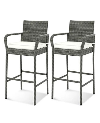 Set of 2 Patio Barstools – Wicker Outdoor Chairs with Cushions & Armrests
