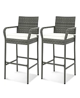 Set of 2 Patio Barstools – Wicker Outdoor Chairs with Cushions & Armrests