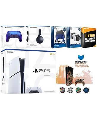 Sony Playstation 5 Slim Disc with Black Pulse Headset, Extra Volcanic Red Controller, Gamer Kit, Charge Dock and MightySkins Decal Voucher + 1 Year Cp