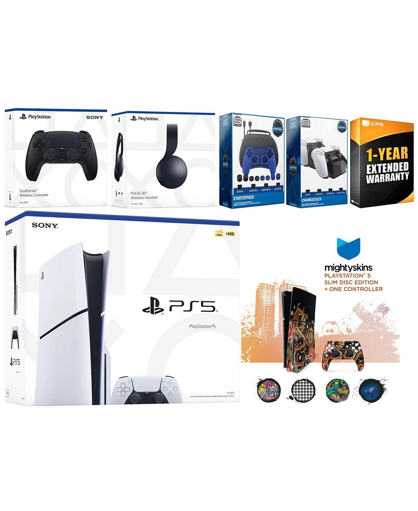 Sony Playstation 5 Slim Disc with Black Pulse Headset, Extra Volcanic Red Controller, Gamer Kit, Charge Dock and MightySkins Decal Voucher + 1 Year Cp