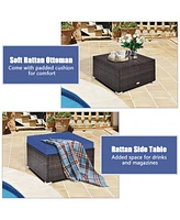 Gymax 4PCS Rattan Patio Conversation Furniture Set Yard Outdoor w/ Navy Cushion