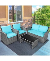 Gymax 4PCS Patio Rattan Conversation Set Outdoor Furniture Set w/ Turquoise Cushions