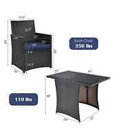 Gymax 3PCS Patio Wicker Bistro Set Pe Rattan Dining Table Set w/ Navy Cushions