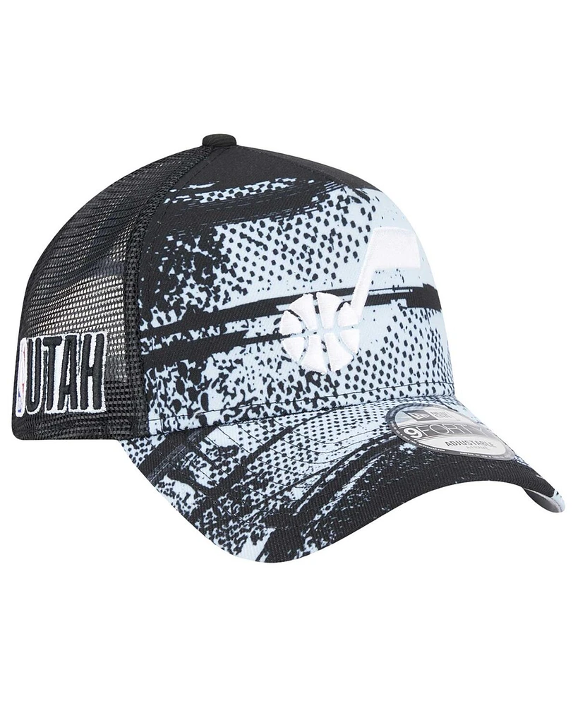 New Era Men's Black/White Utah Jazz Tip Off A-Frame Trucker 9FORTY Adjustable Hat