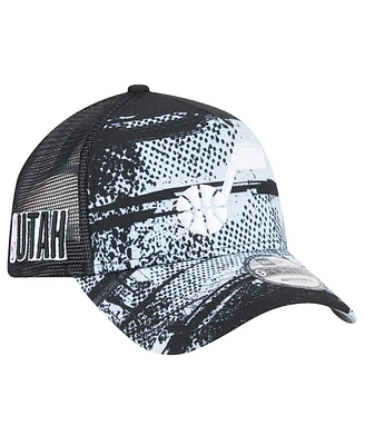 New Era Men's Black/White Utah Jazz Tip Off A-Frame Trucker 9FORTY Adjustable Hat