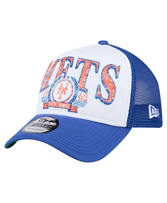 New Era Men's White New York Mets Distressed 9FORTY A-Frame Adjustable Trucker Hat