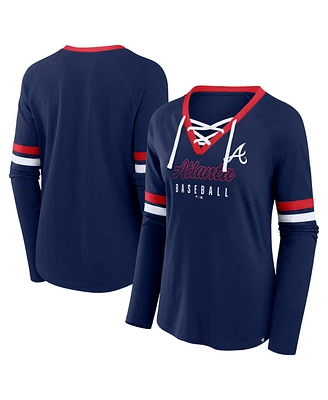Fanatics Women's Navy Atlanta Braves Won Done Raglan Lace-Up Long Sleeve T-Shirt